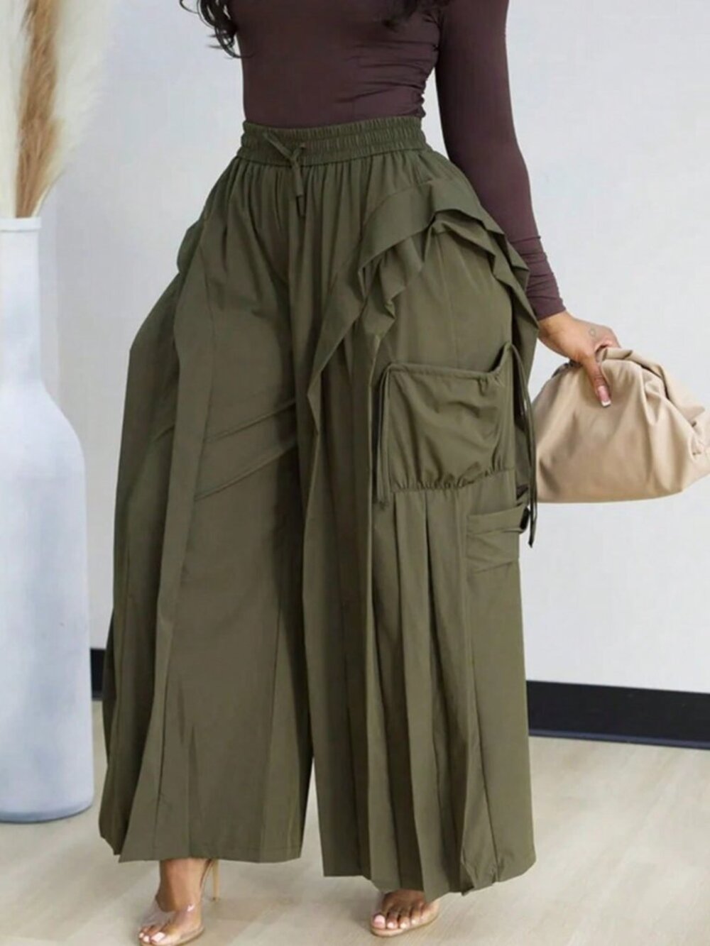 Green Elegant Casual Women's Drawstring Pocket Wide Leg Cargo Pants